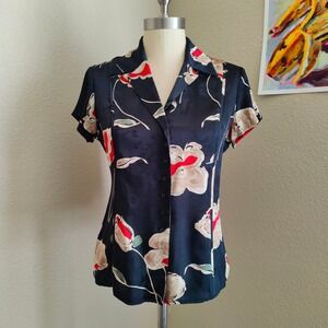 Y2K Jones New York 100% Silk Jacquard Floral Button Up Blouse Black Office 6